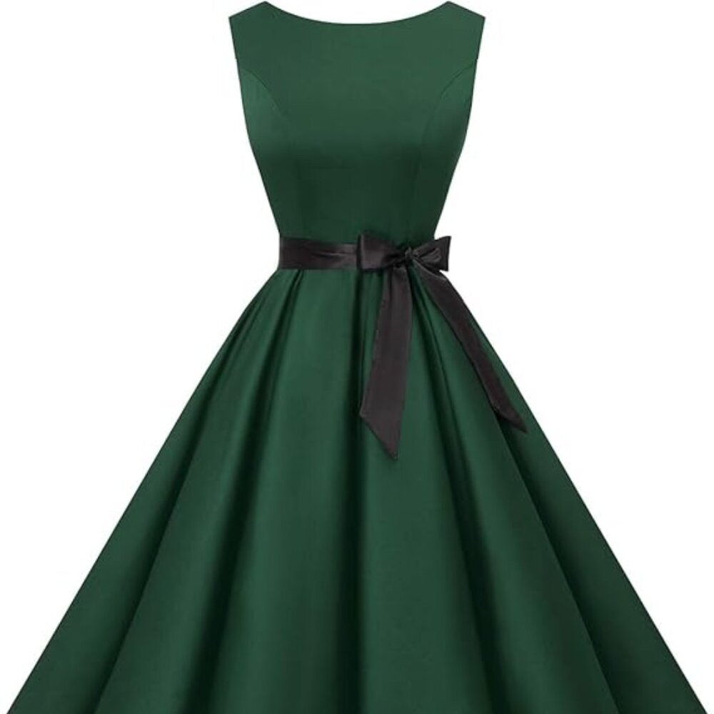 Vintage 50's Dress Cocktail Tea Dress Rockabilly Boatneck Sleeve Dark Green 3XL